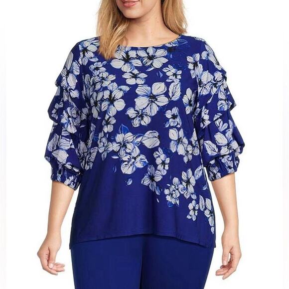 Investments Tops - Slim Factor by Investments Cascading Stencil Print Tiered Sleeve Blue Top 3X